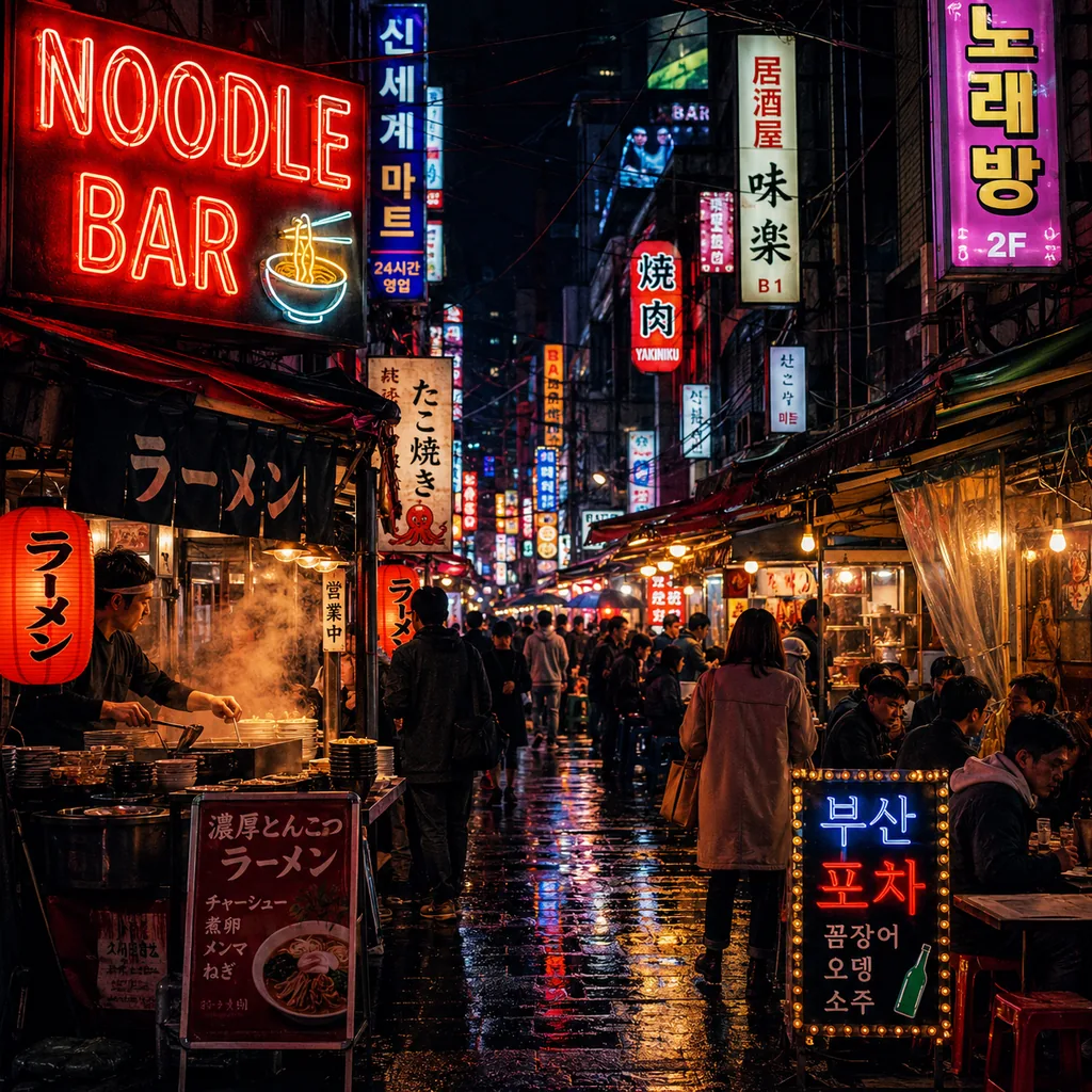 Nano Banana Pro example — a night market with accurate multilingual neon signage