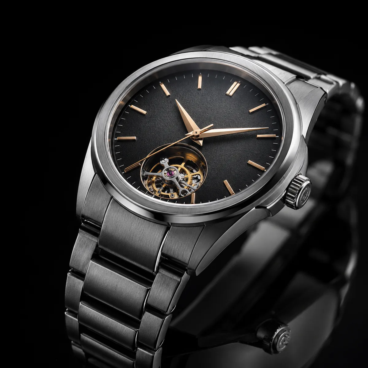 Nano Banana Pro sample — a luxury watch product still life with studio reflections