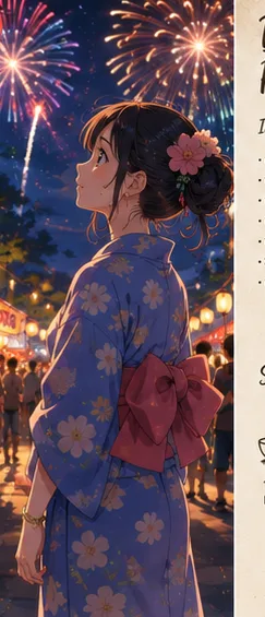 Nano Banana anime-style illustration of a girl watching fireworks