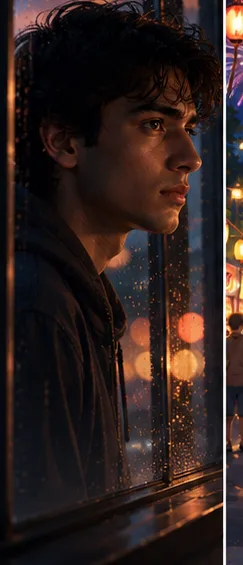 Nano Banana cinematic portrait sample of a man by a rainy window