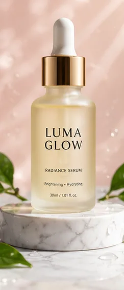 Nano Banana product ad — Luma Glow serum bottle on marble