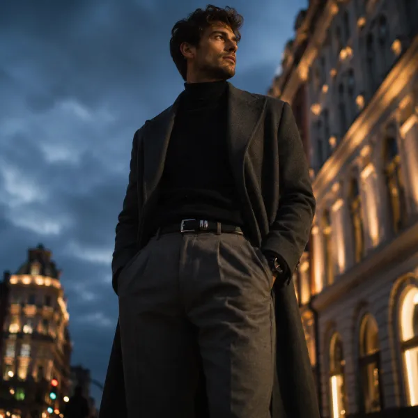 Qwen Image Edit camera angle example — a low-angle portrait of a man at dusk