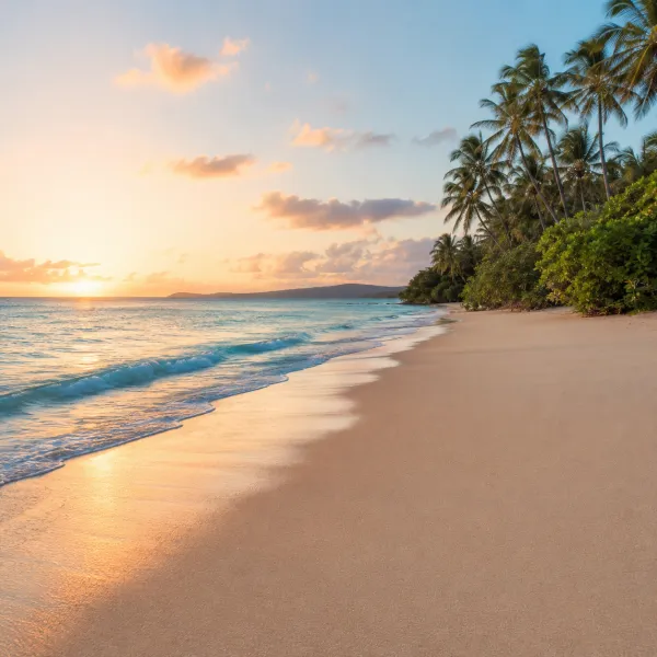 Qwen Image Edit example — a clean empty beach at sunset with objects removed