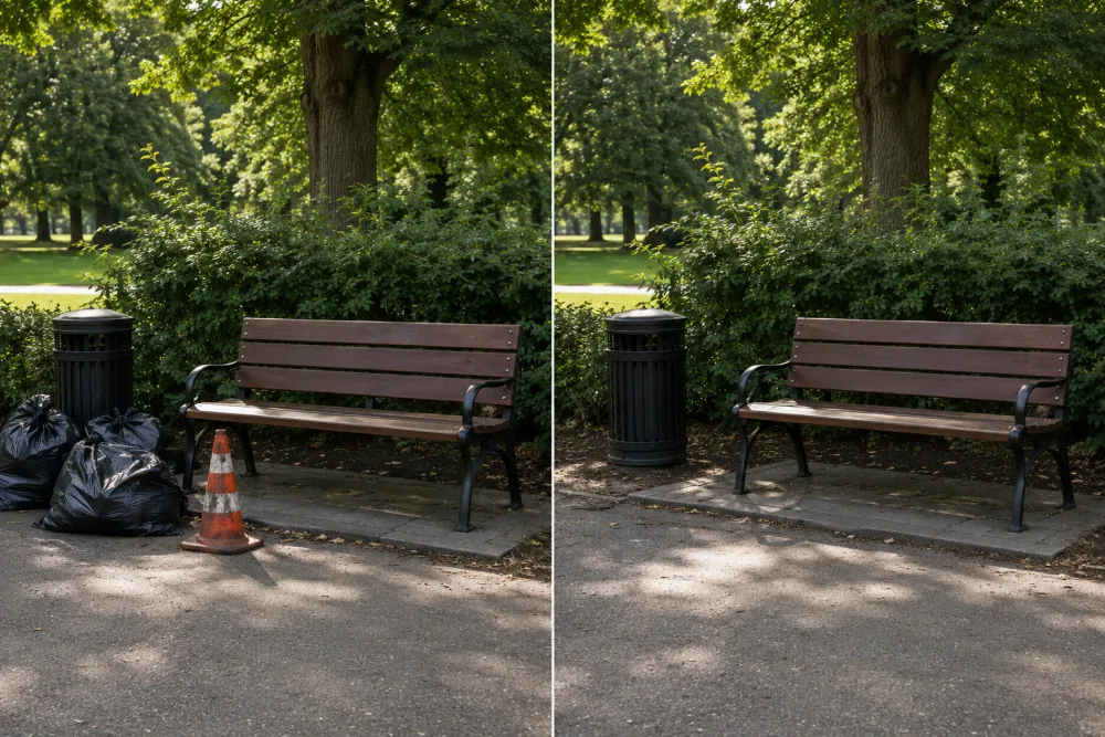 Qwen Image Edit object removal before and after — trash and a cone removed from a park bench