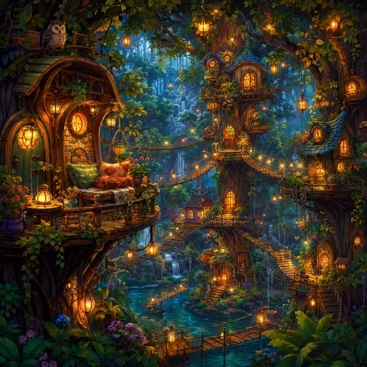 Qwen Image Edit result — a detailed fantasy treehouse village illustration