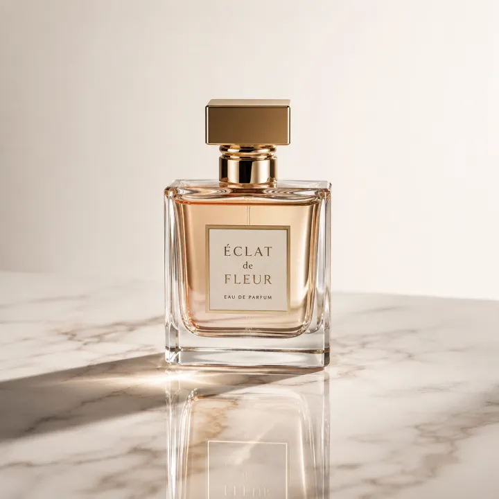 Qwen Image Edit result — a clean luxury perfume bottle product photo on marble