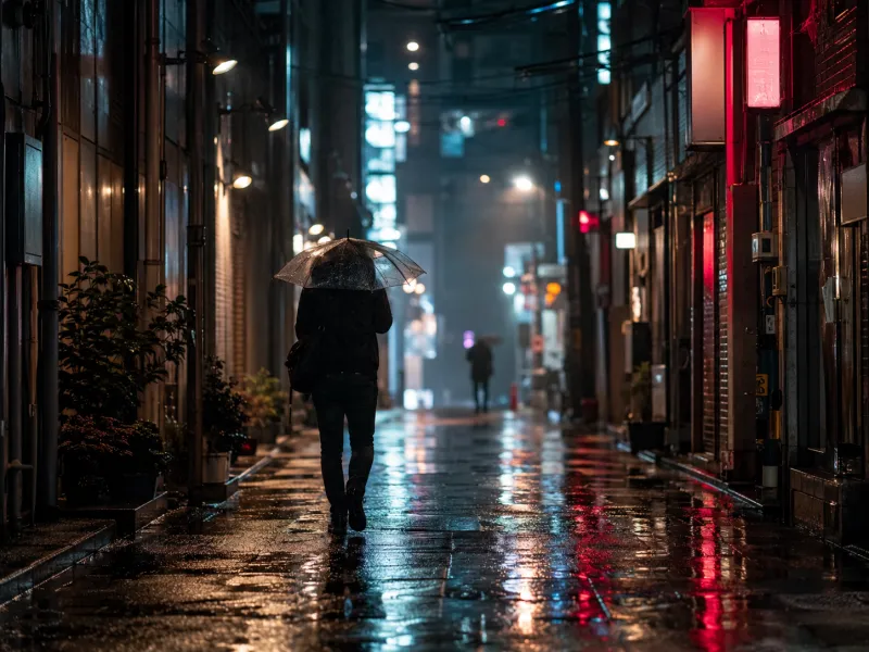 Qwen Image Edit result — a cinematic rainy neon city alley at night