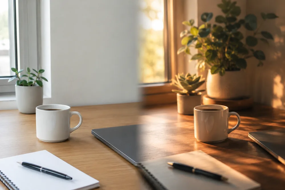 Qwen Image Edit result — a warm, retouched desk and coffee scene by a window