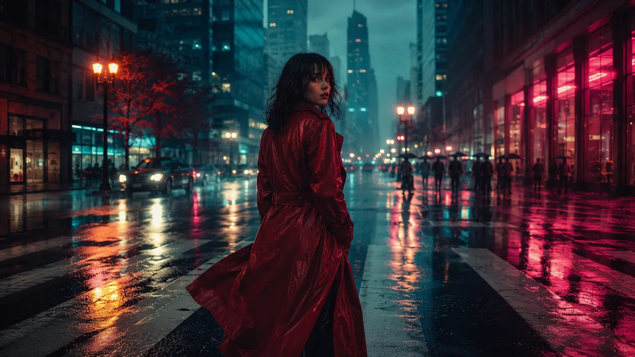 Seedance 2.0 AI video generator — a cinematic frame of a woman in a red coat on a neon city crosswalk