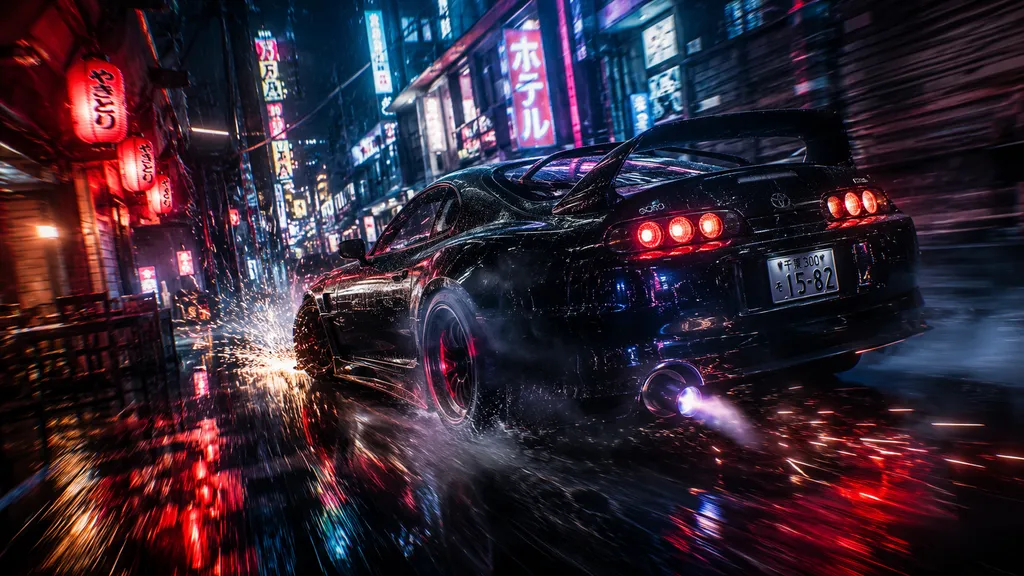 Seedance 2.0 prompt example — a sports car drifting through a neon rainy street