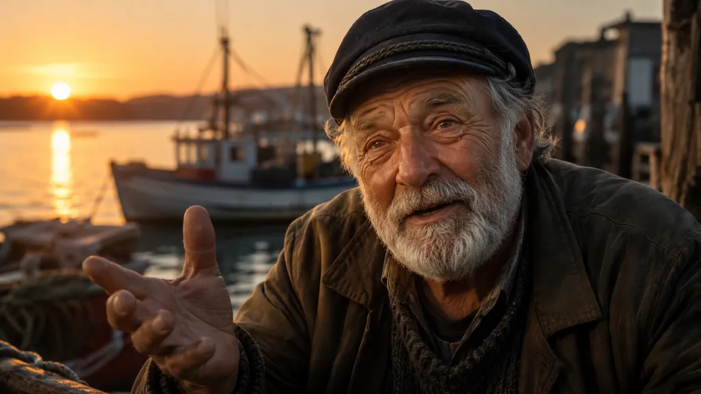 Seedance 2.0 prompt example — an elderly fisherman talking at a harbor at sunset