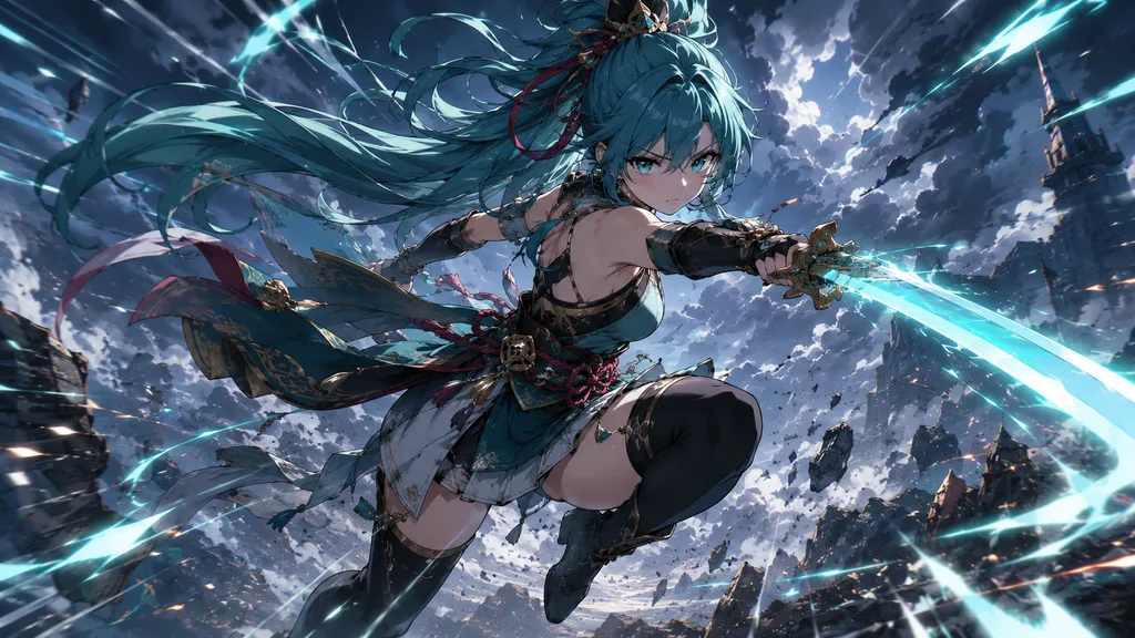 Seedance 2.0 anime style example — an original teal-haired warrior with an energy blade