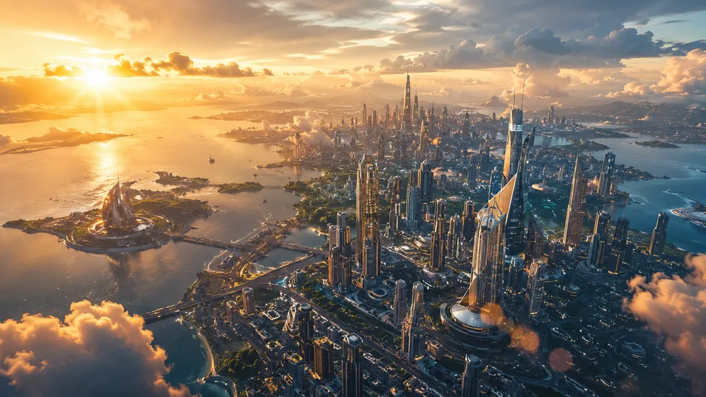 Seedance 2.0 cinematic example — an aerial view of a futuristic city at golden hour