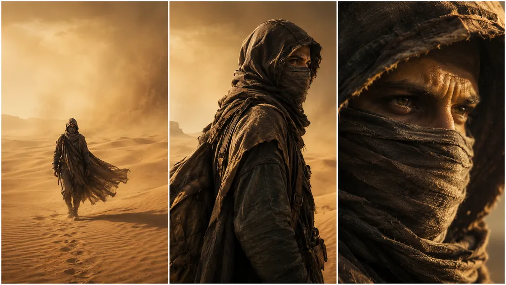 Seedance 2.0 multi-shot consistency — three frames of the same desert traveler