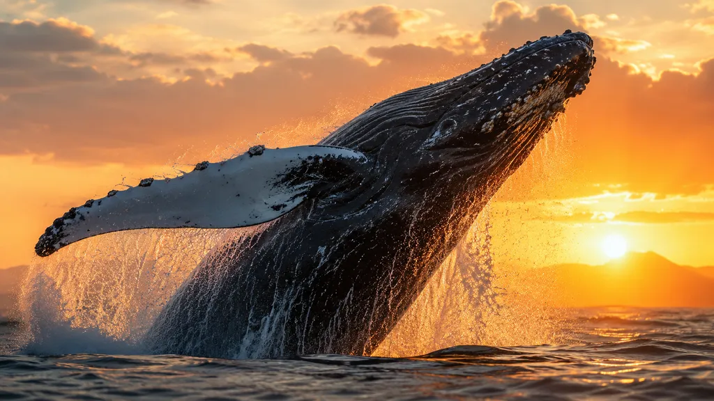 Seedance 2.0 cinematic nature example — a humpback whale breaching at sunset