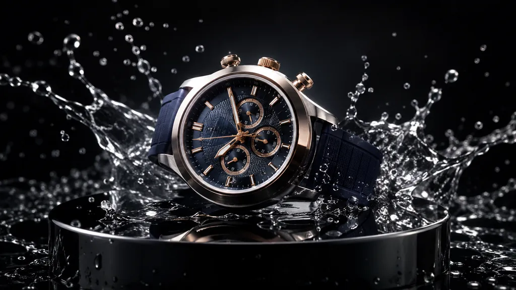 Seedance 2.0 product video example — a luxury wristwatch with a frozen water splash