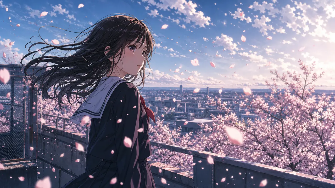 Seedance 2.5 sample frame: anime-style girl on a rooftop with cherry blossom petals