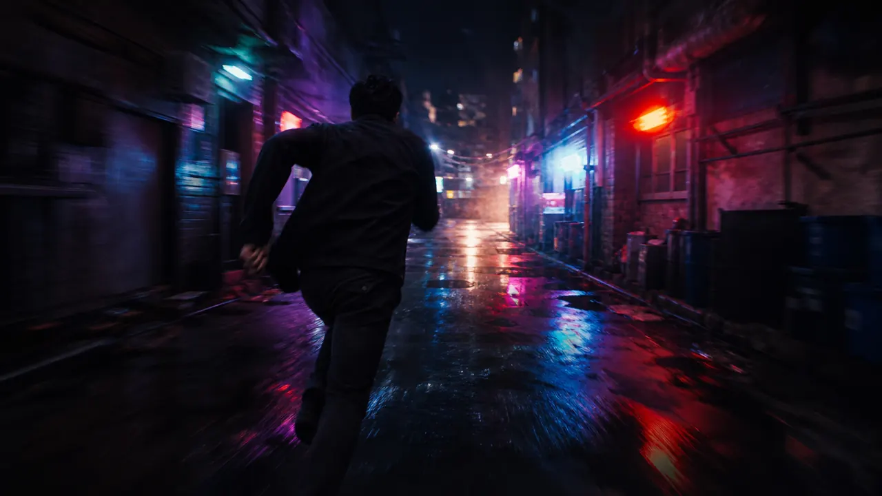 Seedance 2.5 sample frame: a figure sprinting through a neon-lit alley at night