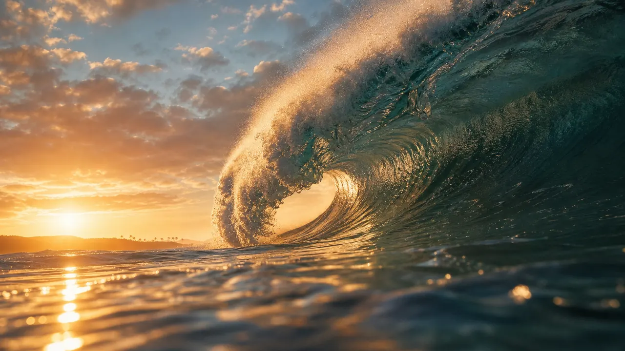 Seedance 2.5 sample frame: a large ocean wave curling at golden sunrise