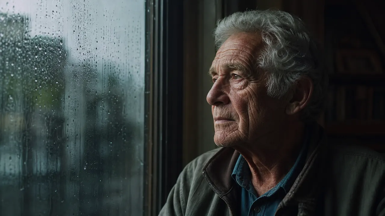 Seedance 2.5 sample frame: an elderly man by a rain-streaked window in soft side light