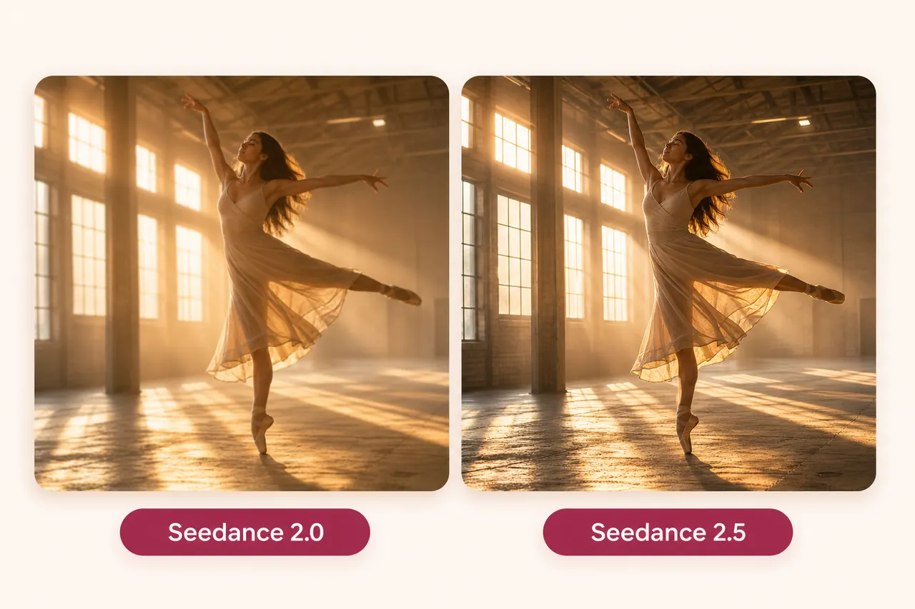 Seedance 2.5 vs Seedance 2.0 comparison of the same golden-hour dancer scene