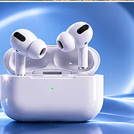 Seedream 4.0 e-commerce product shot of white wireless earbuds in a charging case
