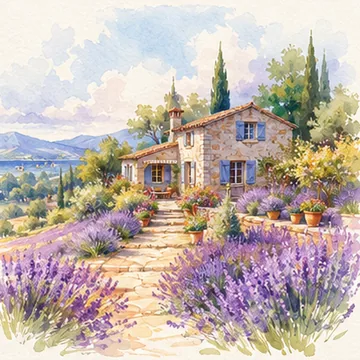 Seedream 4.0 watercolor illustration of a cottage in lavender fields