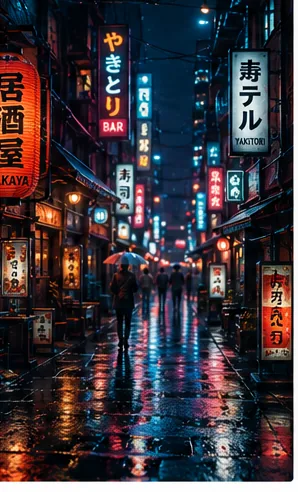 Seedream 4.0 cinematic neon street scene with crisp Japanese and English signage