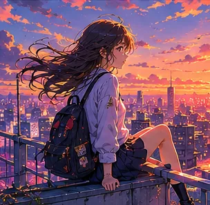 Seedream 4.0 anime illustration of a girl on a rooftop at sunset