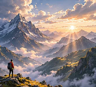 Seedream 4.0 cinematic mountain landscape with a lone hiker at dawn
