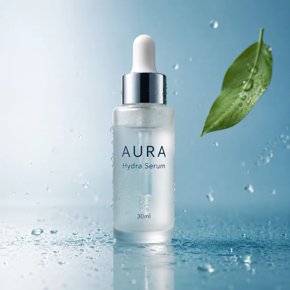 Seedream 4.5 sample — e-commerce serum bottle product shot with accurate glass and liquid