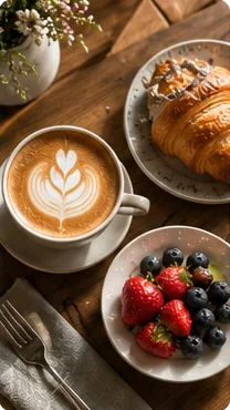 Top-down flat-lay of a cozy cafe breakfast with latte art