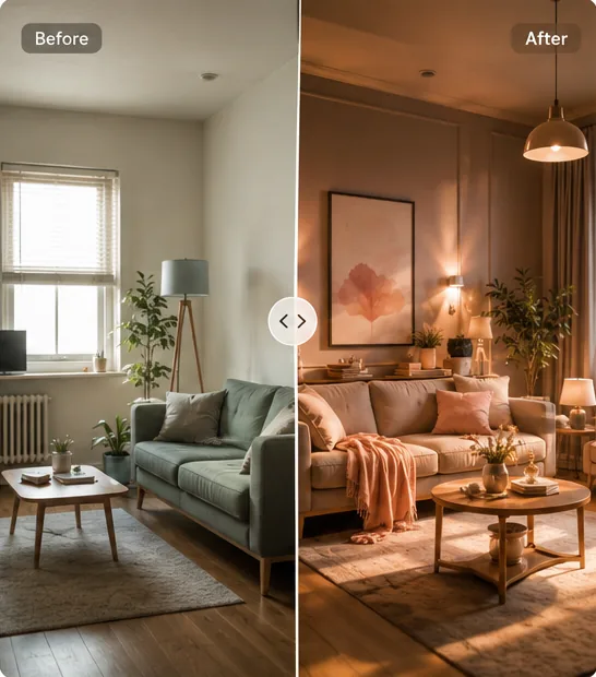 Before-and-after of a living room restyled by Seedream 5 image editing