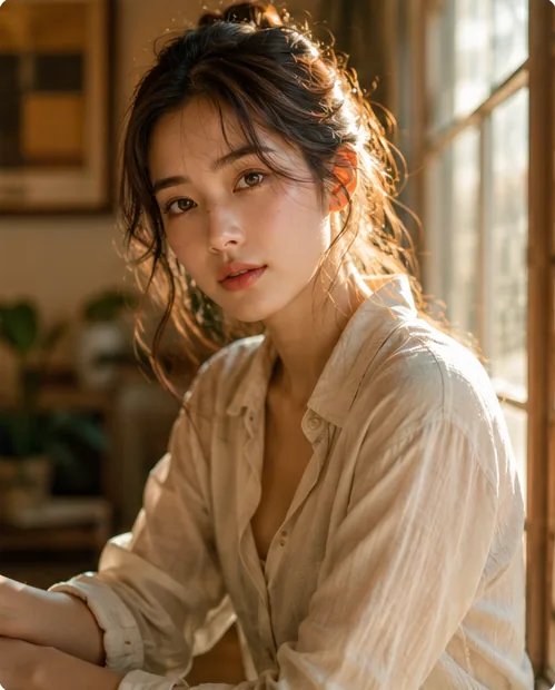 Seedream 5 photoreal golden-hour portrait of a woman by a window
