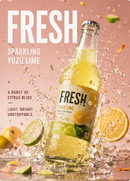 Sparkling-drink ad poster with bold legible FRESH typography