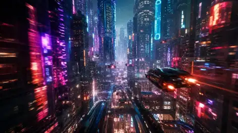 Sora 2 alternative AI video example — cyberpunk city aerial flythrough