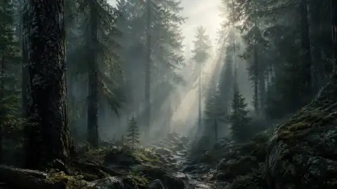 Sora 2 alternative AI video example — misty pine forest with volumetric god rays