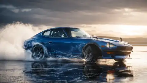 Sora 2 alternative AI video example — vintage sports car drifting on wet tarmac