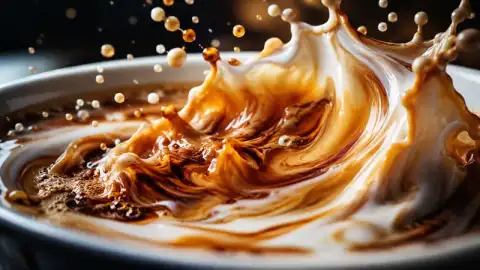 Sora 2 alternative AI video example — macro coffee swirling into milk high speed