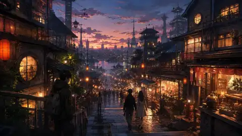 Sora 2 alternative AI video example — anime-style city street at dusk