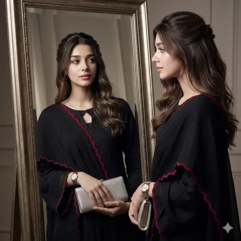 4K high-fashion editorial mirror portrait with crisp typography