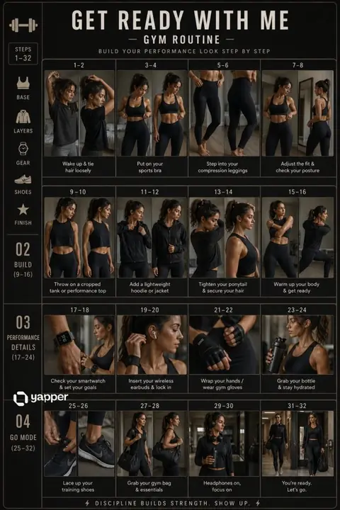 Cinematic storyboard of gym outfit variations across multiple frames