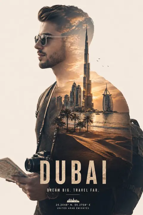Cinematic travel poster of a male model in a sweeping outdoor location