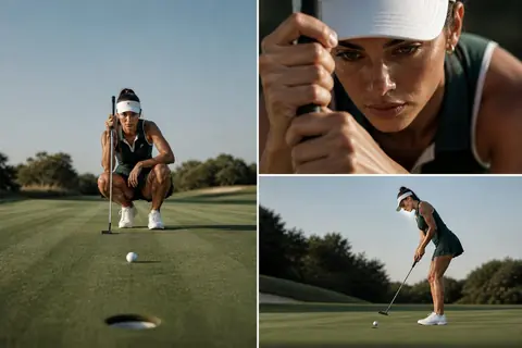 High-end commercial portrait of a female golfer with bold typography