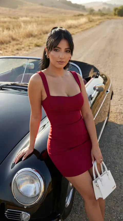 Woman in flowing red dress beside a vintage car on a sunlit countryside road