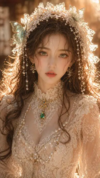Editorial portrait of an oriental beauty in flowing emerald silk