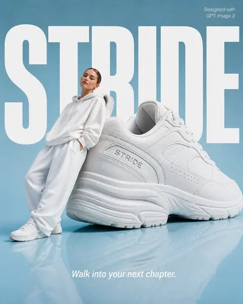 Fashion poster of a woman with a feature sneaker against bold typography