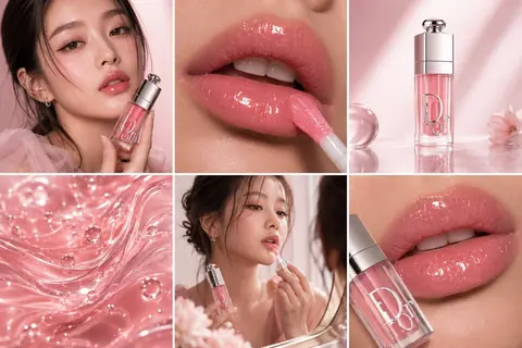 Close-up beauty portrait with dewy glazed skin and glossy lips