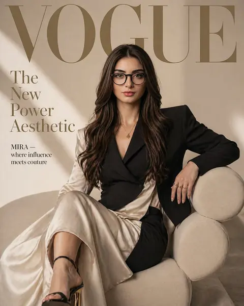 Editorial cover portrait of a woman in an asymmetric blazer on a sculptural sofa