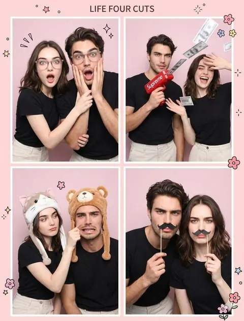 Four-panel Korean photobooth strip of a couple making playful poses